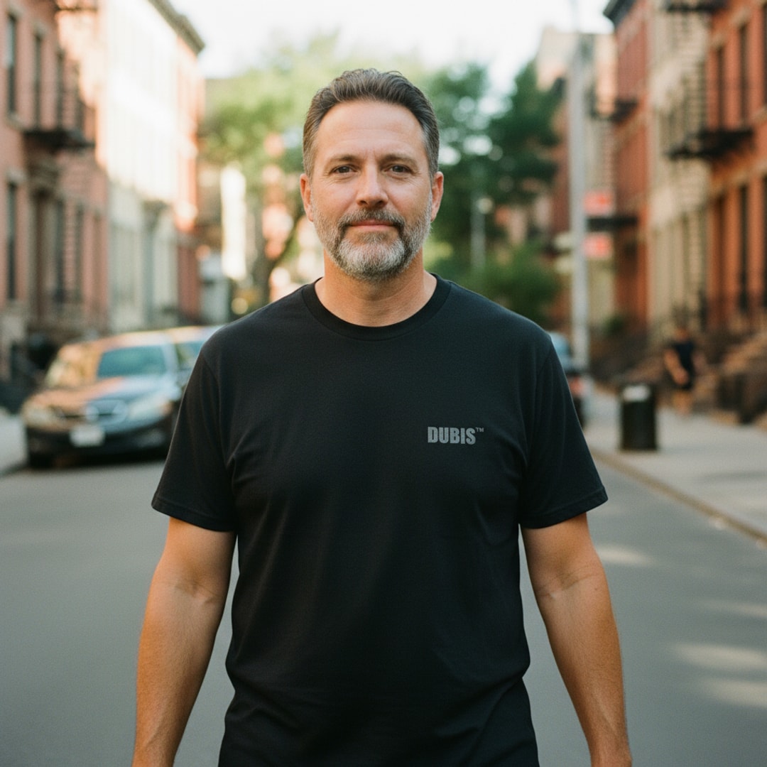 Real DUBIS person wearing DUBIS branded tshirt - lifestyle photo front